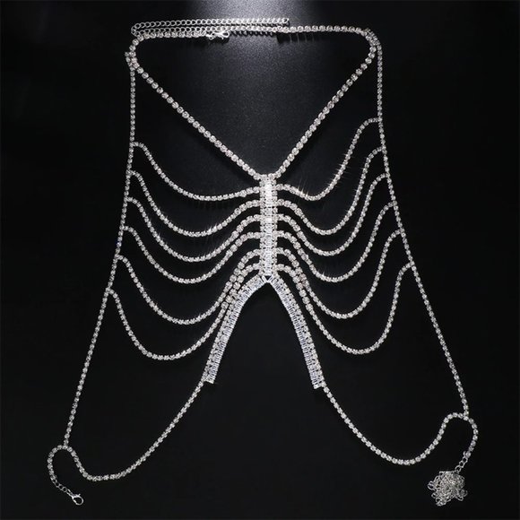Zircon Multi Layer Hollow Bra Necklace Rhinestone Chest Chain Body Jewelry - Picture 3 of 4
